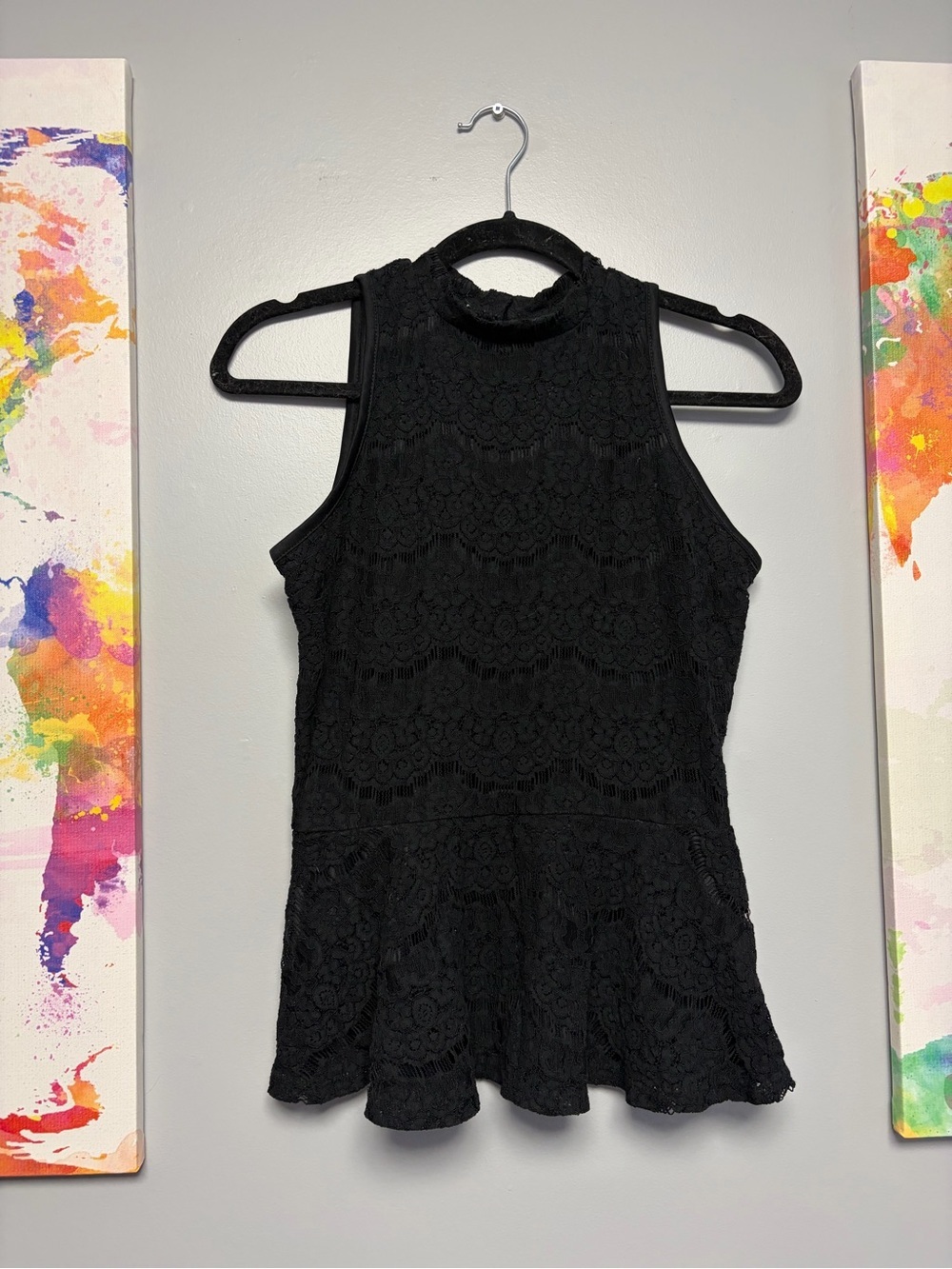 Small Love Fire Black Embellished Peplum Tank Top lace detail